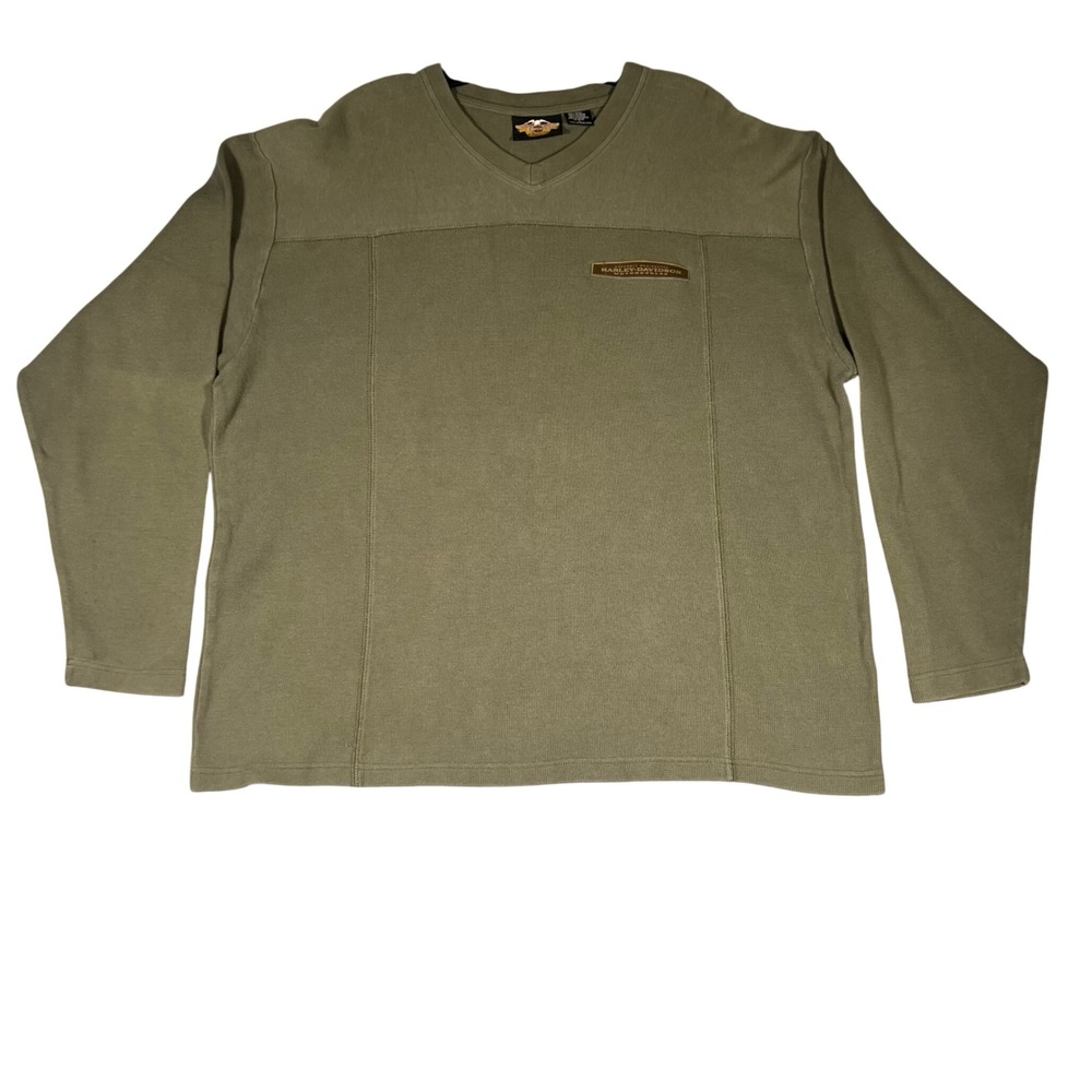 Harley-Davidson Mens Olive Green V-Neck Cotton Knit Sweater Long‎ Sleeve Large